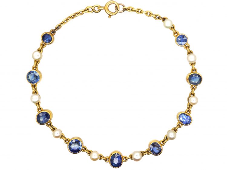 Edwardian 18ct Gold, Sapphire & Natural Bouton Pearl Bracelet