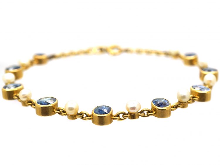 Edwardian 18ct Gold, Sapphire & Natural Bouton Pearl Bracelet