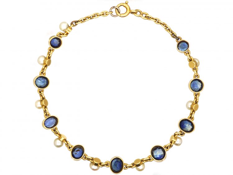 Edwardian 18ct Gold, Sapphire & Natural Bouton Pearl Bracelet