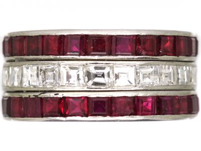 French Art Deco Platinum, Ruby & Diamond Triple Row Ring