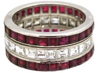 French Art Deco Platinum, Ruby & Diamond Triple Row Ring