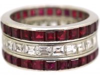 French Art Deco Platinum, Ruby & Diamond Triple Row Ring