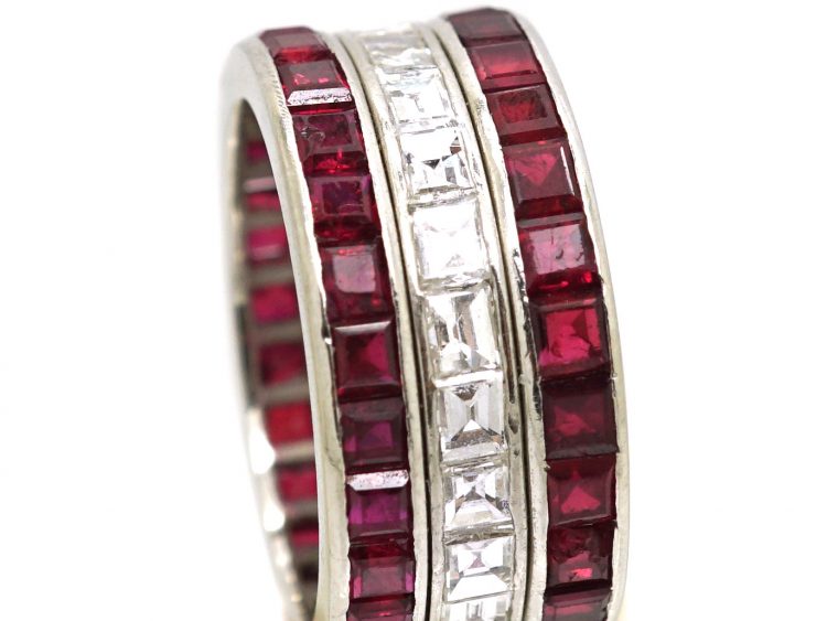 French Art Deco Platinum, Ruby & Diamond Triple Row Ring