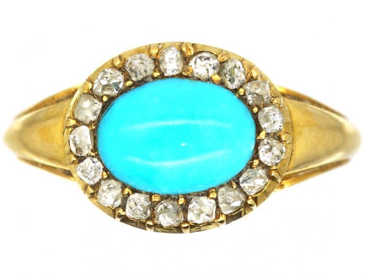 Victorian 18ct Gold, Turquoise & Diamond Cluster Ring