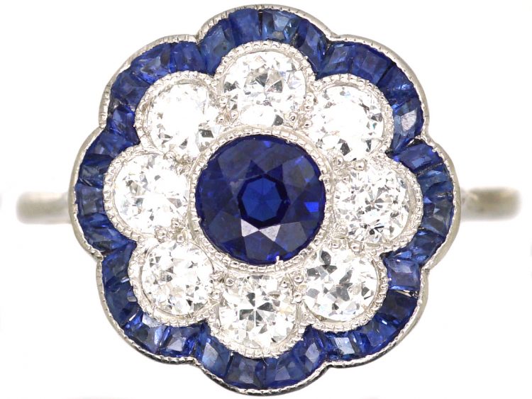 Early 20th Century Platinum, Sapphire & Diamond Cluster Ring with Scalloped Edge
