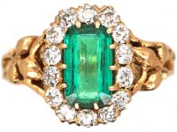 Art Nouveau 14ct Gold, Emerald & Diamond Cluster Ring with Ornate Shoulders