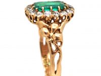 Art Nouveau 14ct Gold, Emerald & Diamond Cluster Ring with Ornate Shoulders