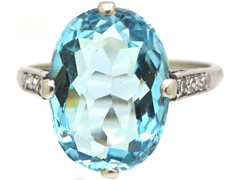 Early 20th Century Platinum Ring set with an Aquamarine with Diamond ...