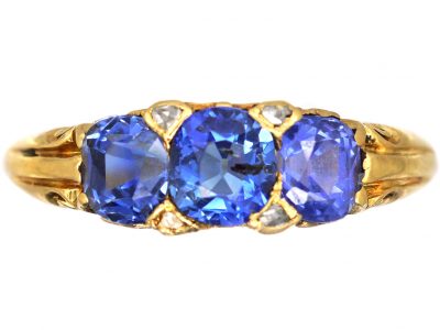 Edwardian 18ct Gold, Three Stone Sapphire Carved Half Hoop Ring with Rose Diamond Points