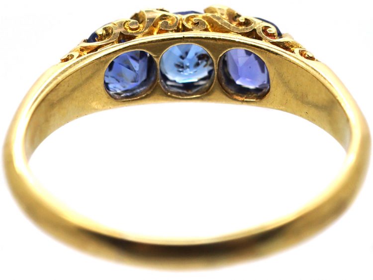 Edwardian 18ct Gold, Three Stone Sapphire Carved Half Hoop Ring with ...