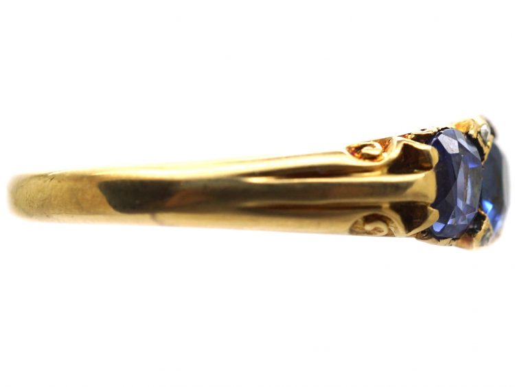 Edwardian 18ct Gold, Three Stone Sapphire Carved Half Hoop Ring with Rose Diamond Points