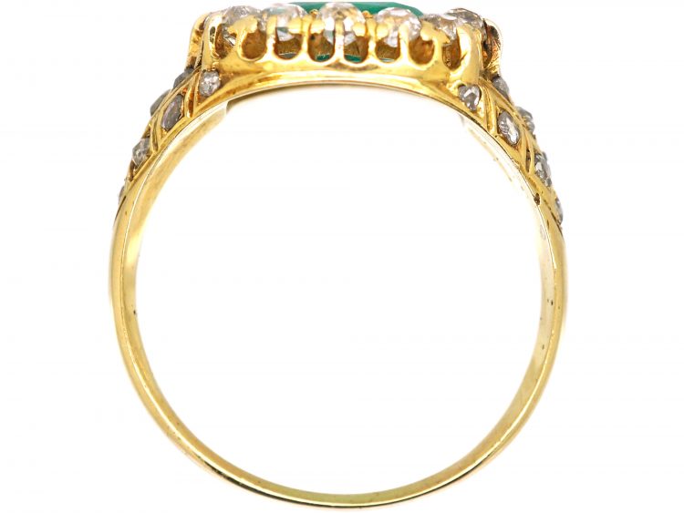 Victorian 18ct Gold, Emerald & Diamond Cluster Ring with Diamond Set Shoulders