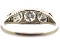 French Art Deco Platinum Three Stone Diamond Ring with Diamond Set Shoulders