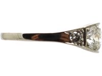 French Art Deco Platinum Three Stone Diamond Ring with Diamond Set Shoulders