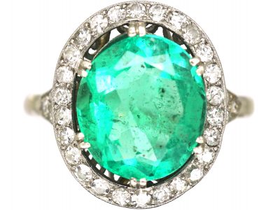 Early 20th Century Platinum, Emerald & Diamond Cluster Ring