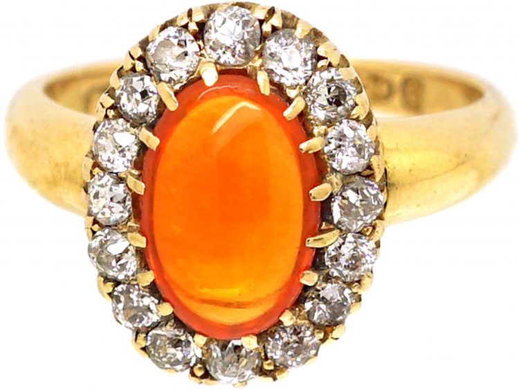 Victorian 18ct Gold, Fire Opal & Diamond Cluster Ring