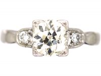 Art Deco 18ct White Gold & Platinum, Diamond Solitaire Ring with Diamond Set Shoulders