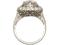 French Belle Epoque Platinum Diamond Cluster Ring with ornate Diamond Set Shoulders