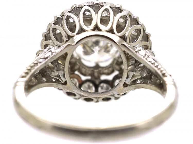 French Belle Epoque Platinum Diamond Cluster Ring with ornate Diamond Set Shoulders