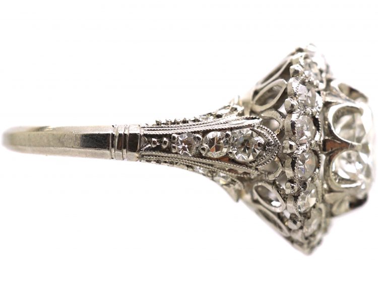 French Belle Epoque Platinum Diamond Cluster Ring with ornate Diamond Set Shoulders