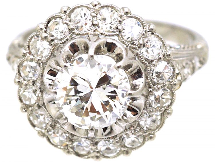 French Belle Epoque Platinum Diamond Cluster Ring with ornate Diamond Set Shoulders