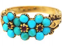 Early 19th Century Triple Cluster Ring set with Turquoise & Rubies