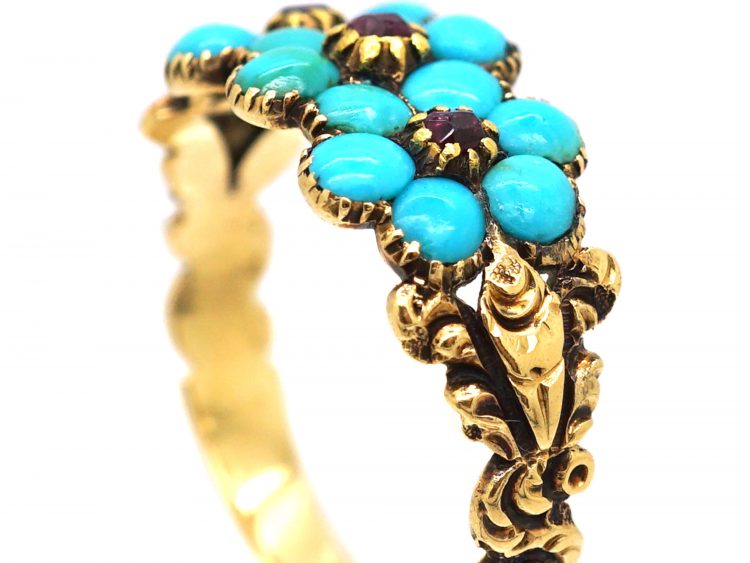 Early 19th Century Triple Cluster Ring set with Turquoise & Rubies
