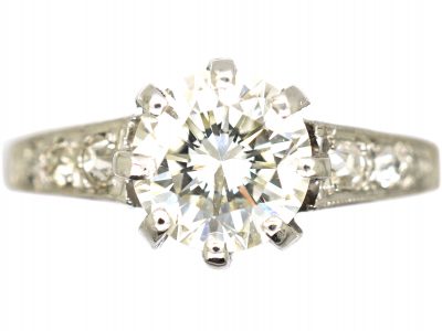Art Deco Platinum Solitaire Diamond Ring with Diamond Set Shoulders
