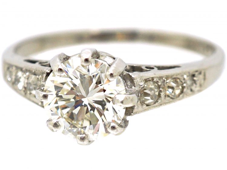 Art Deco Platinum Solitaire Diamond Ring with Diamond Set Shoulders