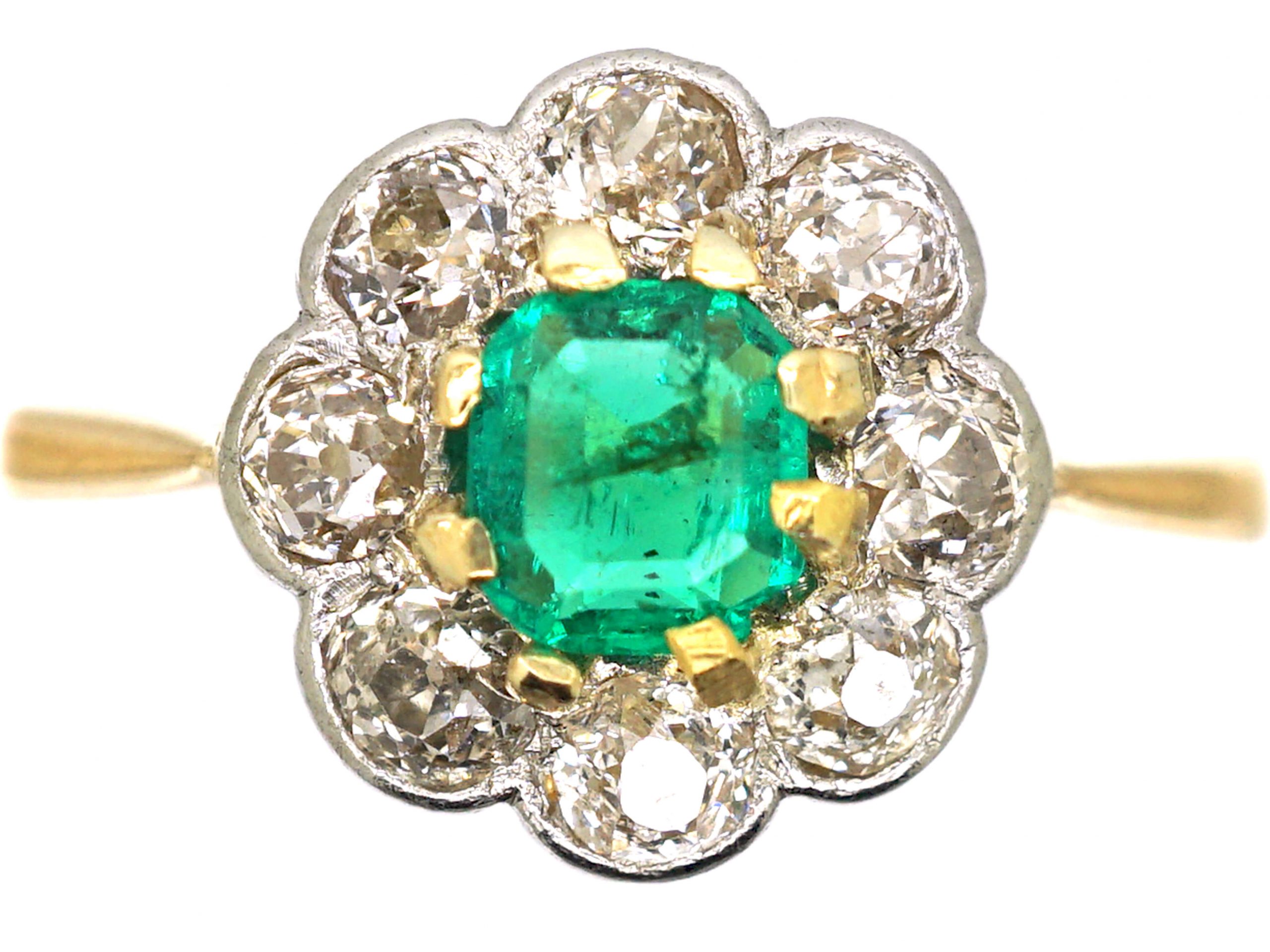 Edwardian 18ct Gold And Platinum Emerald And Diamond Cluster Ring 61w The Antique Jewellery Company 9000