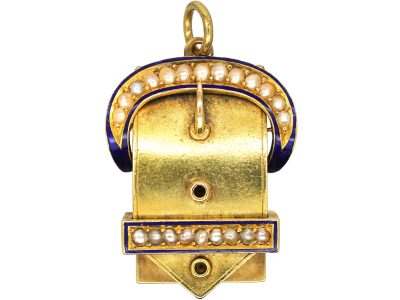 Victorian 15ct Gold & Blue Enamel Buckle Design Locket set with Natural Split Pearls