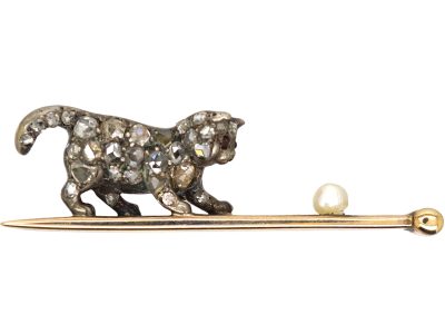 Edwardian Cat Playing with a Ball Brooch set with Diamonds & a Natural Pearl