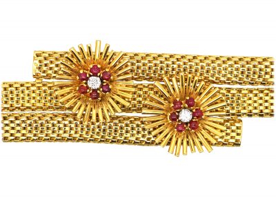 French 18ct Gold 1950s Bracelet with Flower Motifs set with Cabochon Rubies & Diamonds