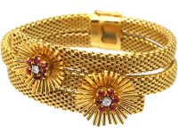 French 18ct Gold 1950s Bracelet with Flower Motifs set with Cabochon Rubies & Diamonds