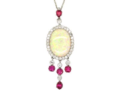 Early 20th Century Ruby & Diamond Pendant set with a Large Opal on a Platinum Chain in the Original Case