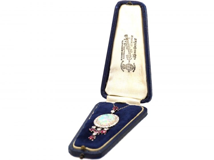 Early 20th Century Ruby & Diamond Pendant set with a Large Opal on a Platinum Chain in the Original Case