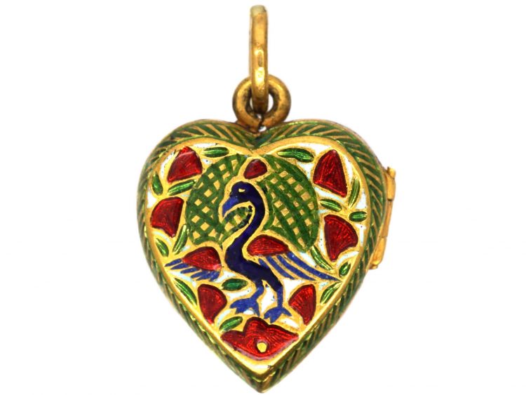 Indian 19th Century Heart Shaped Locket with Enamel Motifs