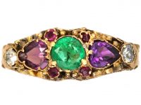 Victorian 15ct Gold, Emerald, Ruby & Diamond Ring with Heart Shaped Garnets