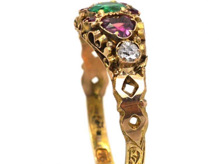Victorian 15ct Gold, Emerald, Ruby & Diamond Ring with Heart Shaped Garnets