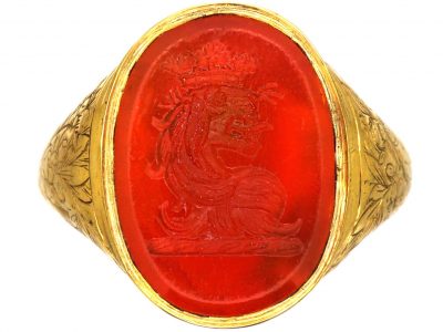Georgian 18ct Gold Ring set with a Carnelian with Intaglio of a Lion’s Head & Coronet