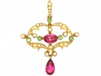 Edwardian 15ct Gold Suffragette Pendant set with Green Garnets, Natural Split Pearls & Pink Tourmalines
