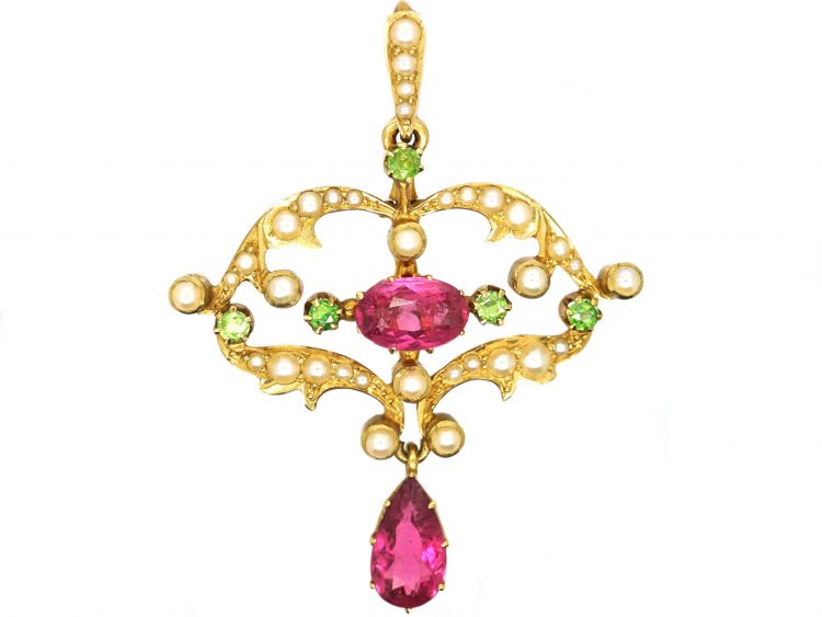 Edwardian 15ct Gold Suffragette Pendant set with Green Garnets, Natural Split Pearls & Pink Tourmalines