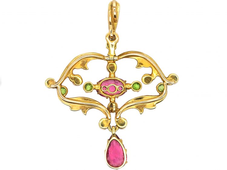 Edwardian 15ct Gold Suffragette Pendant set with Green Garnets, Natural Split Pearls & Pink Tourmalines