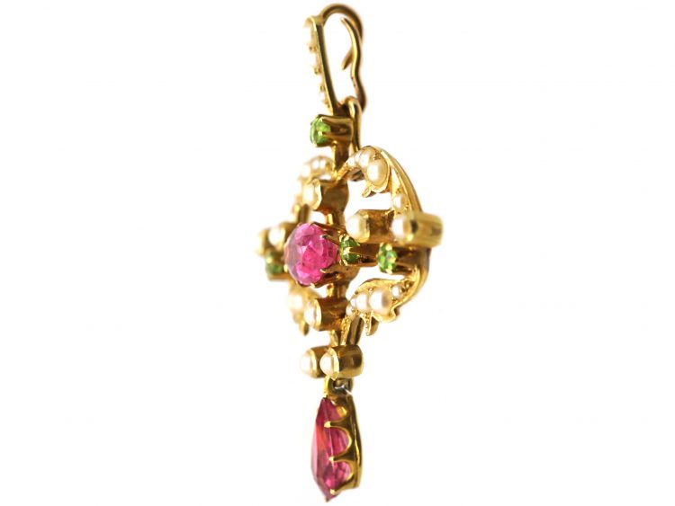 Edwardian 15ct Gold Suffragette Pendant set with Green Garnets, Natural Split Pearls & Pink Tourmalines