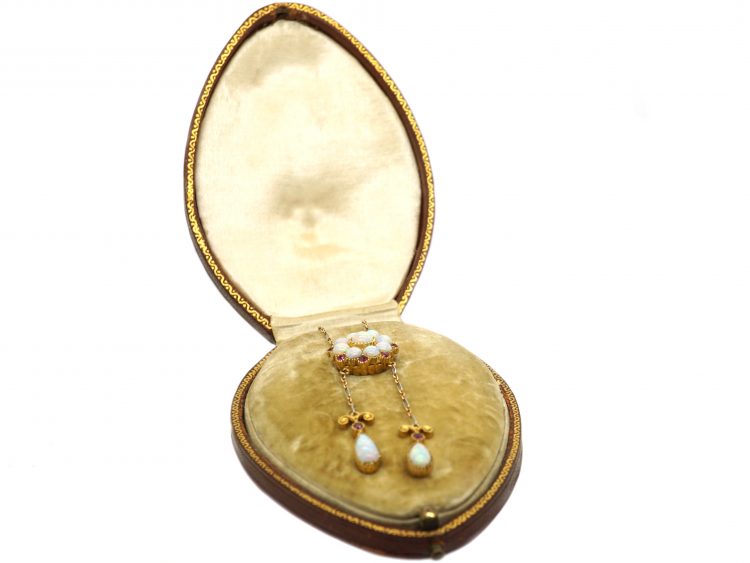Edwardian 15ct Gold & Platinum, Opal, Diamond & Ruby Pendant in Original Case