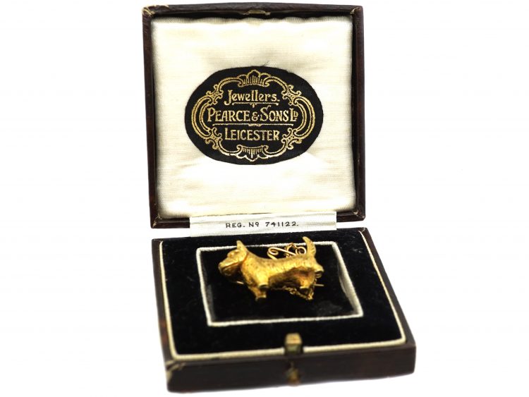 Edwardian 15ct Gold Scottie Dog Brooch in Original Case