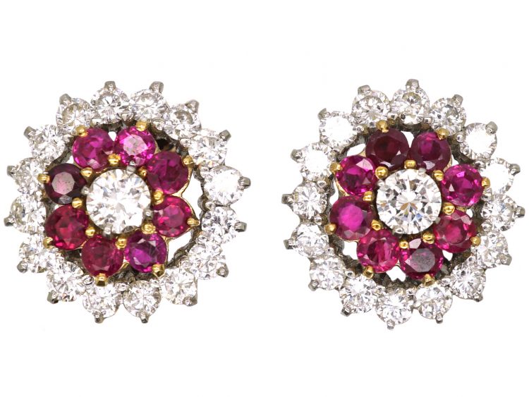 1950's 18ct White & Yellow Gold, Ruby & Diamond Cluster Earrings
