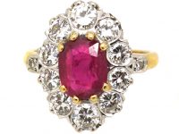 French Belle Epoque 18ct Gold, Ruby & Diamond Oval Cluster Ring