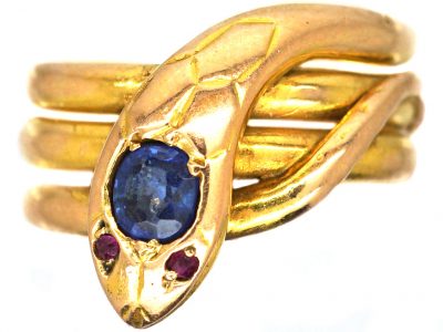 French Early 20th Century 18ct Gold Snake Ring set with a Sapphire & Ruby Eyes