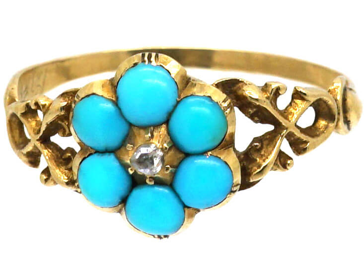 Regency 15ct Gold Turquoise & Rose Diamond Forget Me Not Cluster Ring